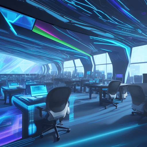 AI generated: A futuristic digital artwork featuring a collaborative workspace with multiple individuals working t...