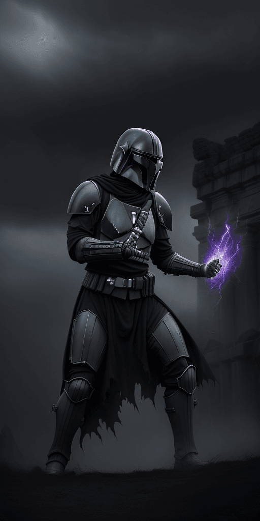 AI generated: (evil, never seen before, Mandalorian, Beskar Spear, dark atmosphere, sinister, terrifying, glowing ...
