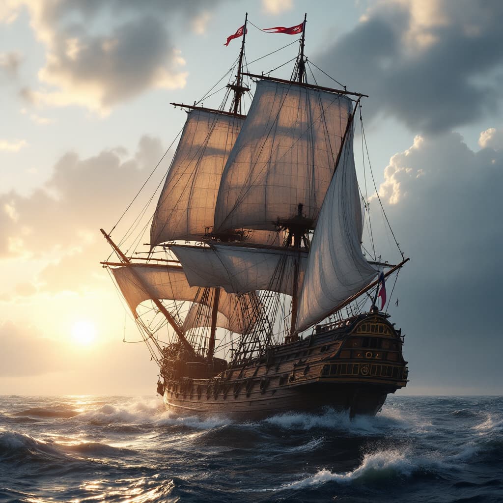 AI generated: Photo of a ultra realistic sailing ship, dramatic light, pale sunrise, cinematic lighting, battered,...