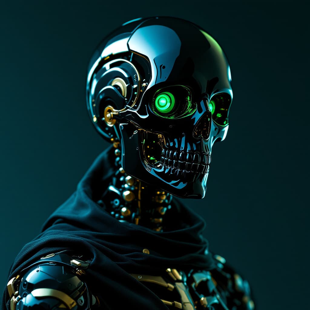 AI generated: futuristic skeletal figure, cyberpunk aesthetic, glossy black metallic skull helmet, neon green acce...
