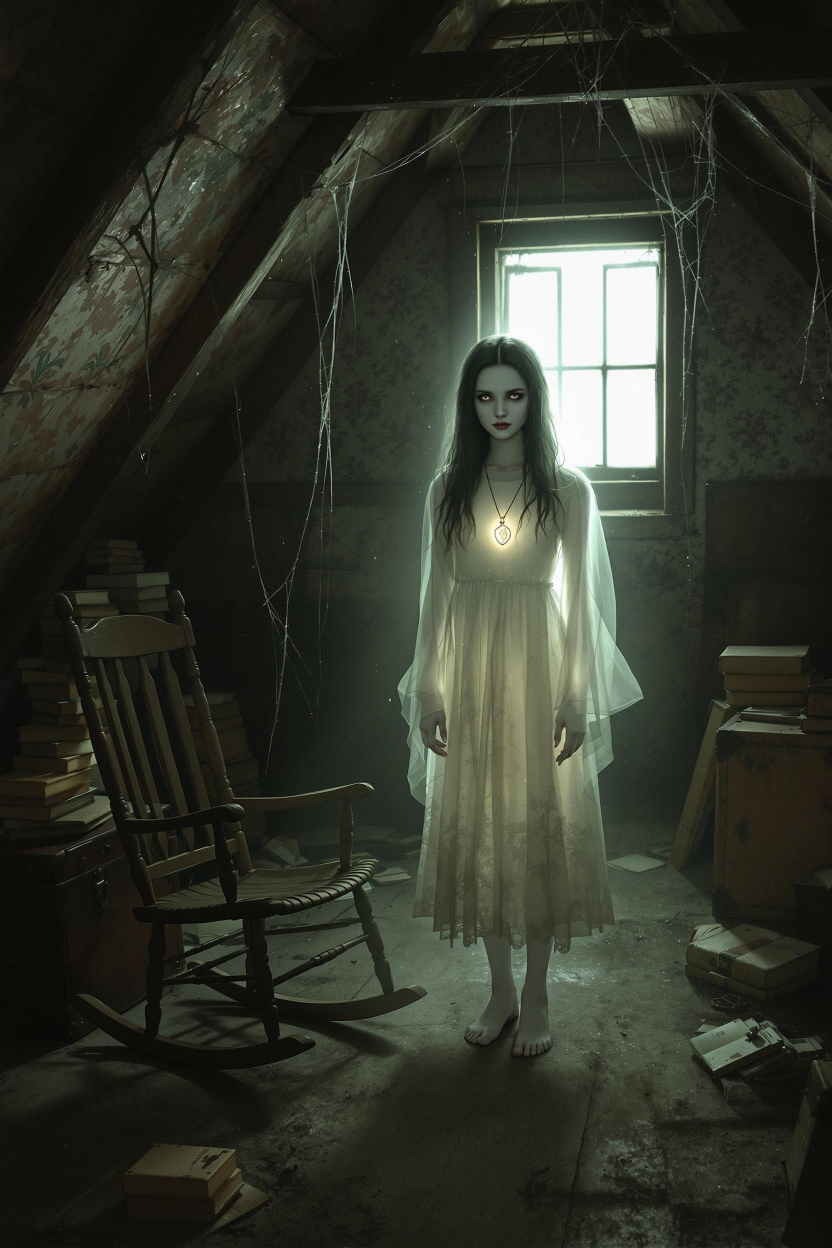 AI generated: Setting: The attic is dimly lit, with only faint beams of pale, dusty light filtering through a crac...