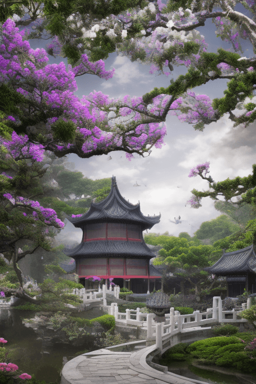 AI generated: dream like world, chinese garden architecture,suzhou style,white clouds lingering,seven fairies,surr...