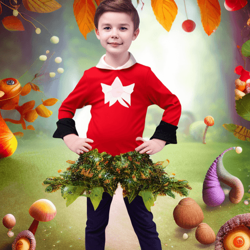 AI generated: children's fly agaric costume for a boy, age 4 years, height 110, costume with decorations of leaves...