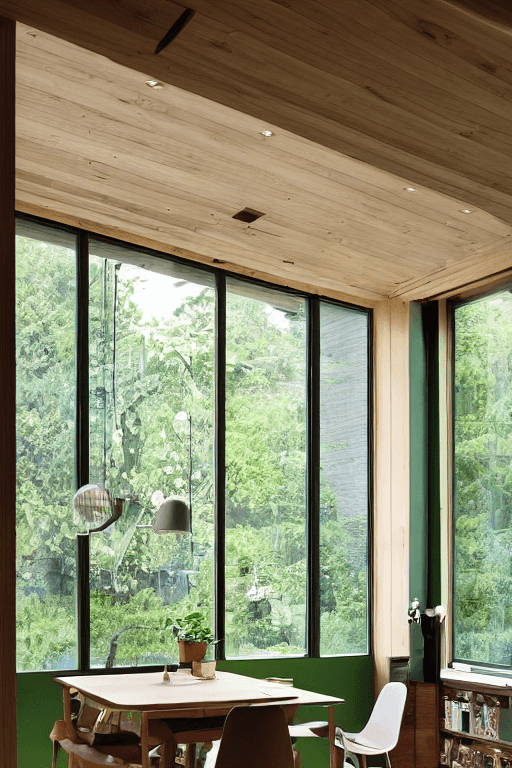 AI generated: high resolution photography interior design, wooden floor, small windows opening onto the garden, ba...