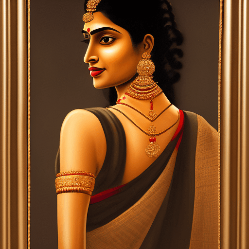 AI generated: Indian woman in a sari posing for a picture, bare back, sexy gaze, dark strokes, no watermarks, bron...