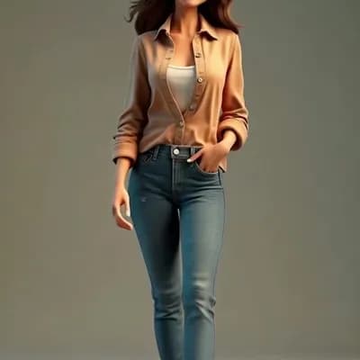AI generated video: walking down the street, under a warm sun and light, dressed in jeans, sneakers and a sweater. she s...