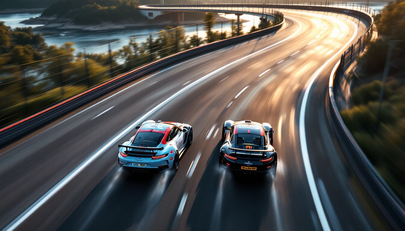 AI generated: The race track is well lit by sunlight. The track turns and passes over a bridge over a river, the f...