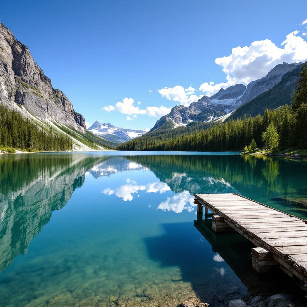 AI generated: A clear, reflective mountain lake surrounded by lush pine forests and towering peaks. The surface of...
