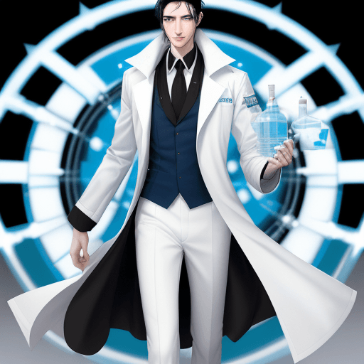 AI generated: pharmacist tall man with a lean build, age more than 20 years, snow-black hair, vibrant blue color e...