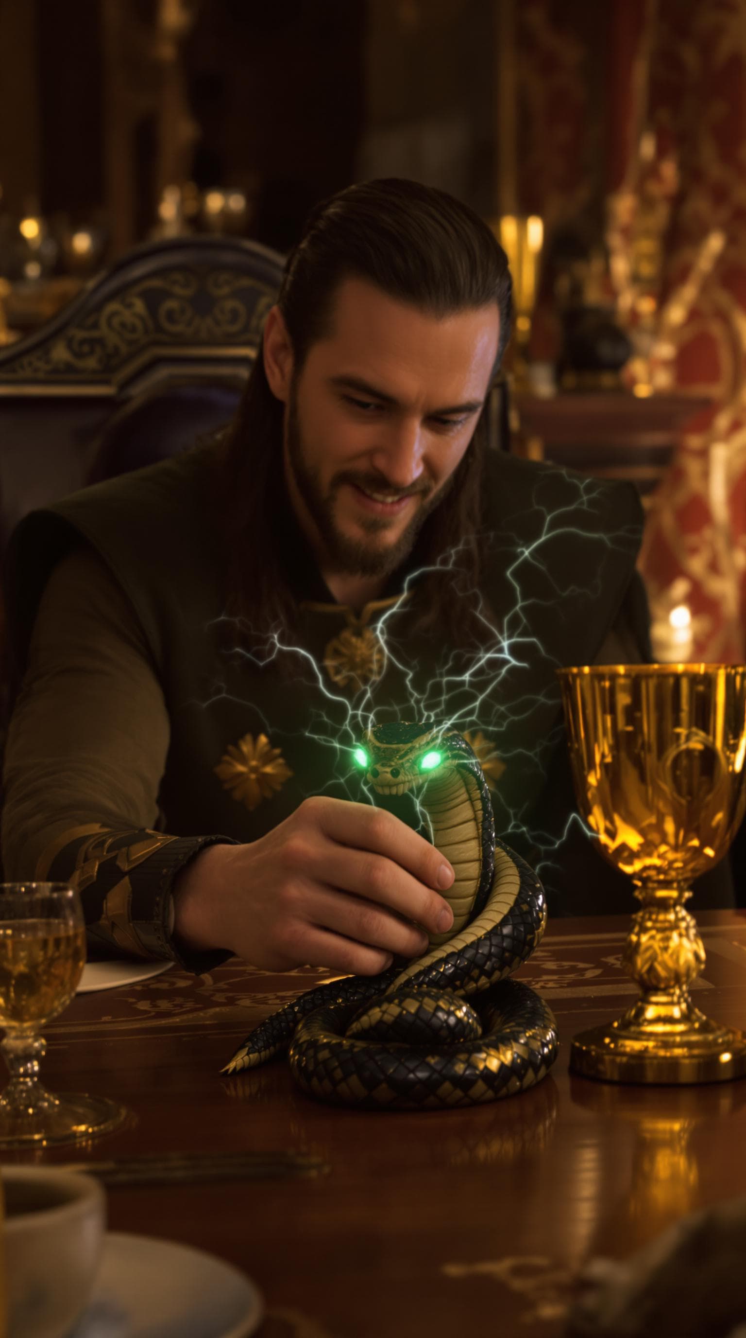 AI generated: First-person POV, Loki’s hand grazes the edge of a golden goblet, slowly twirling it between his fin...