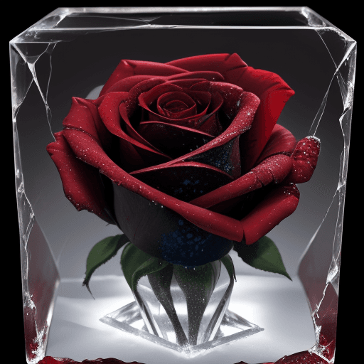 AI generated: close-up photo of a beautiful red rose breaking through a cube made of ice , splintered cracked ice ...