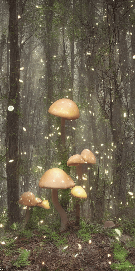 AI generated: (dark shot:1.1), luminous backlit glowing forest mushroom, drops, neon lights around the mushroom, f...