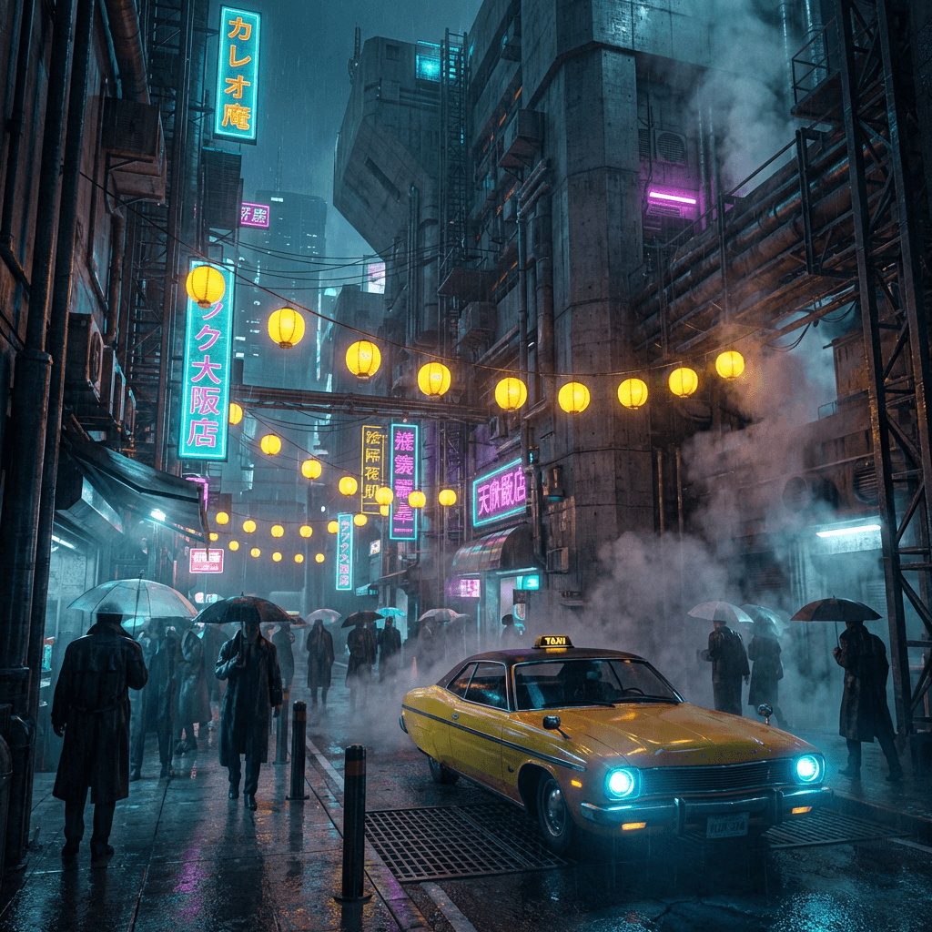 AI generated: A dense, rain-drenched cyberpunk alley at night in a futuristic Japanese megacity, heavy downpour wi...