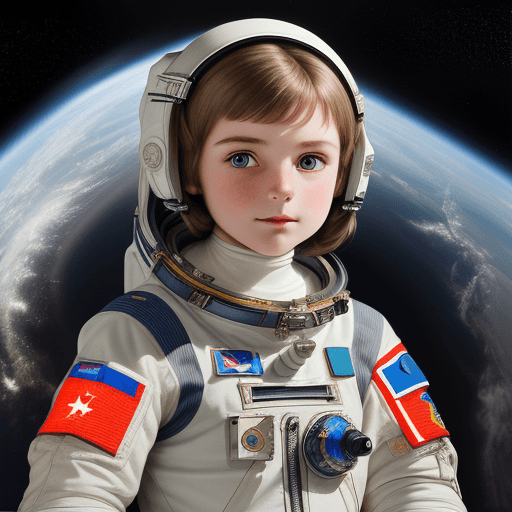 AI generated: Photorealistic image of a 12-year-old girl of European appearance in an astronaut's uniform. On the ...