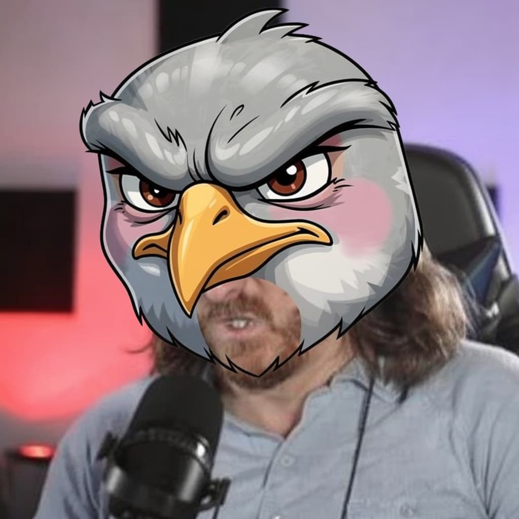 AI generated: I want a caricature of the image attached as an angry pigeon try to keep the face clear but keep it ...