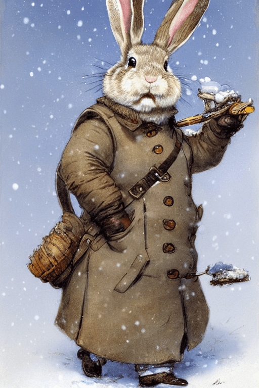 AI generated: painting by  jean - baptiste monge of a small fat Rabbit adventurer dressed in a warm overcoat with ...