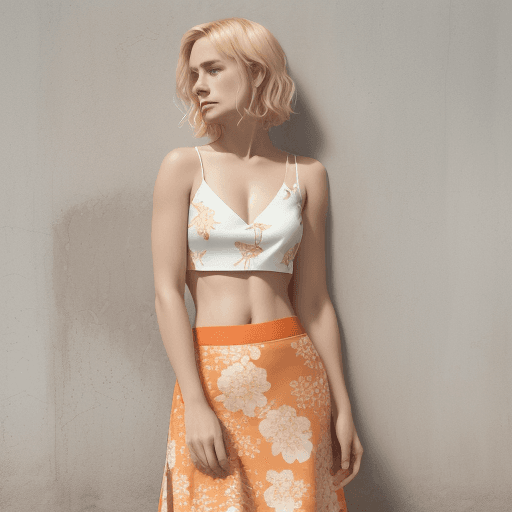 AI generated: A woman stands outdoors, leaning against a wall. She wears an orange crop top with white floral patt...