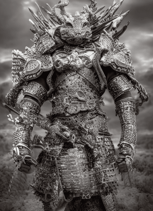 AI generated: full length photo of a warrior with an armour made of intricate dragon bones and metal plates, highl...