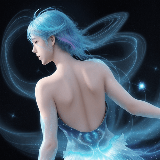 AI generated: Back view, a mystical anime warrior dissolving into ethereal, shimmering mist, iridescent cosmic pai...