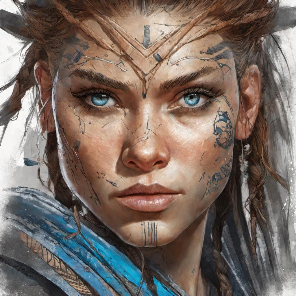 AI generated: A detailed vivid portrait of Aloy from Horizon Zero Dawn as Senua from Hellblade, by luis royo, greg...