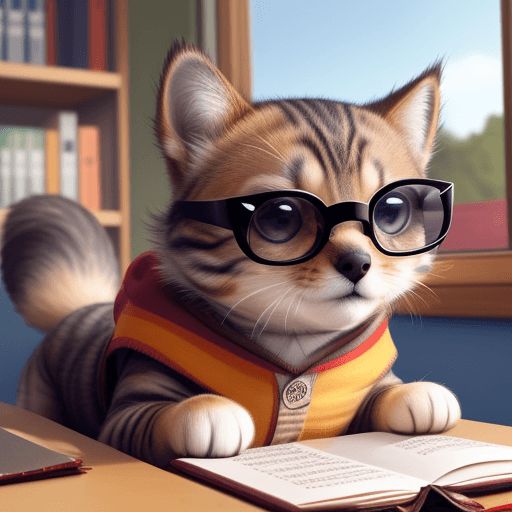 AI generated: varios perritos chiquitos estudiando mientras un gatito con lentes les enseña a estudiar
