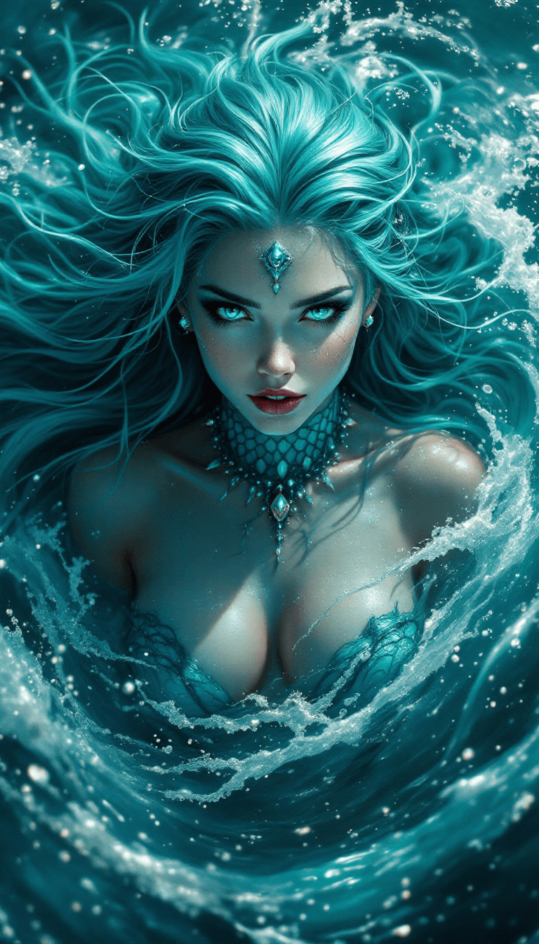 AI generated: A turquoise-haired siren emerges from the sea, her long turquoise hair and hypnotic blue eyes drawin...