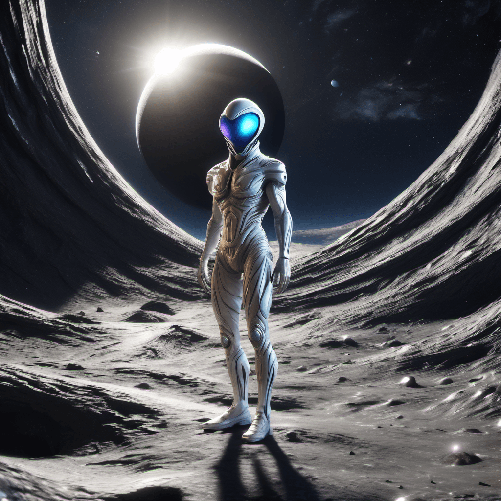 AI generated: epic, masterpiece, alien friendly standing on moon, intricated organic neural clothes, galactic blac...