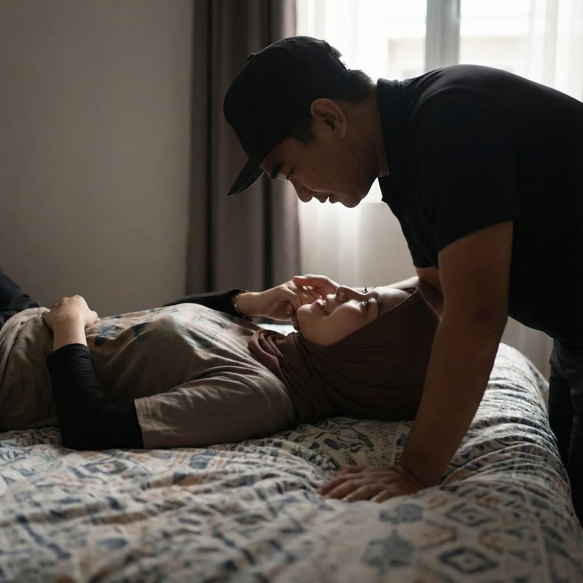AI generated: A woman is lying on her back on a bed, being made a slave to a man's lust
