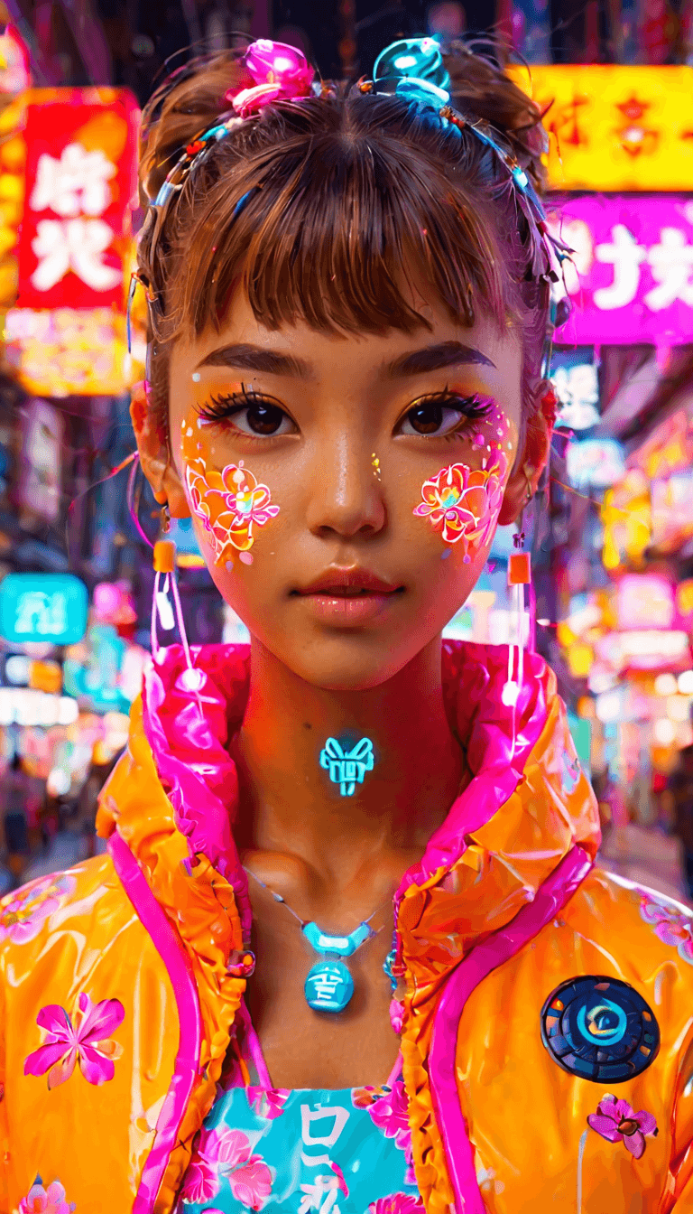 AI generated: kawaii style {style Detailed body painting beautiful neon operator tanned woman, cyberpunk futuristi...