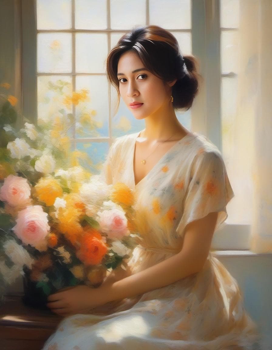 AI generated: oil painting of a beautiful girl in a summer dress sitting by a window holding flowers, in the style...