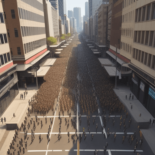 AI generated: A large group of dozens of civil men and woman running on a city street, armed with firearm weapons,...