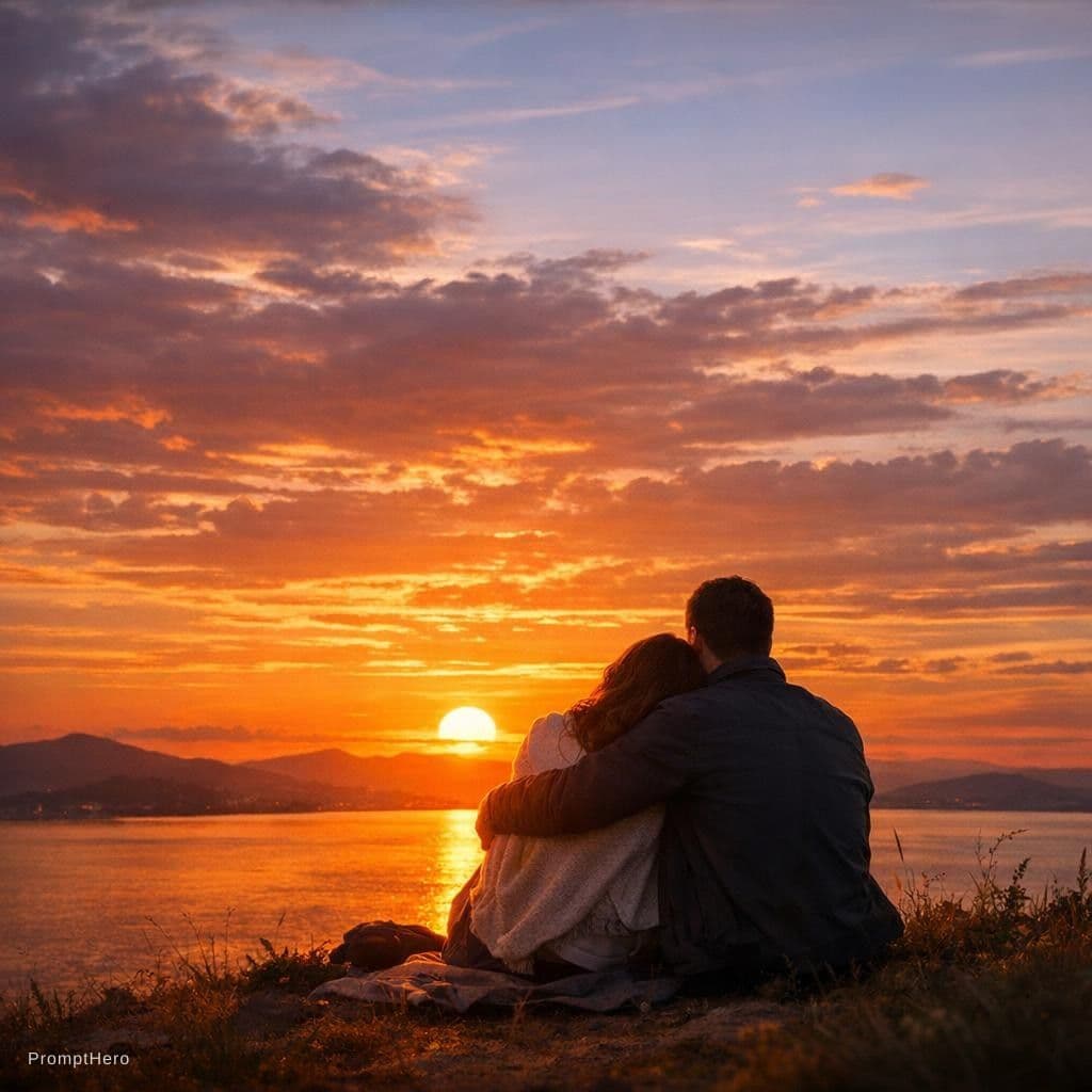 AI generated: un couple qui comtomple un magnifique couché de soleil 