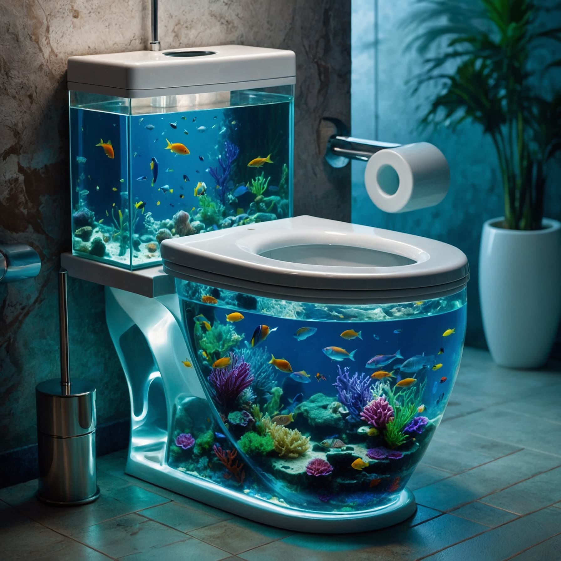 AI generated: A stunningly intricate latrine, brimming with an aquarium with vibrant sea life. This 8K image captu...