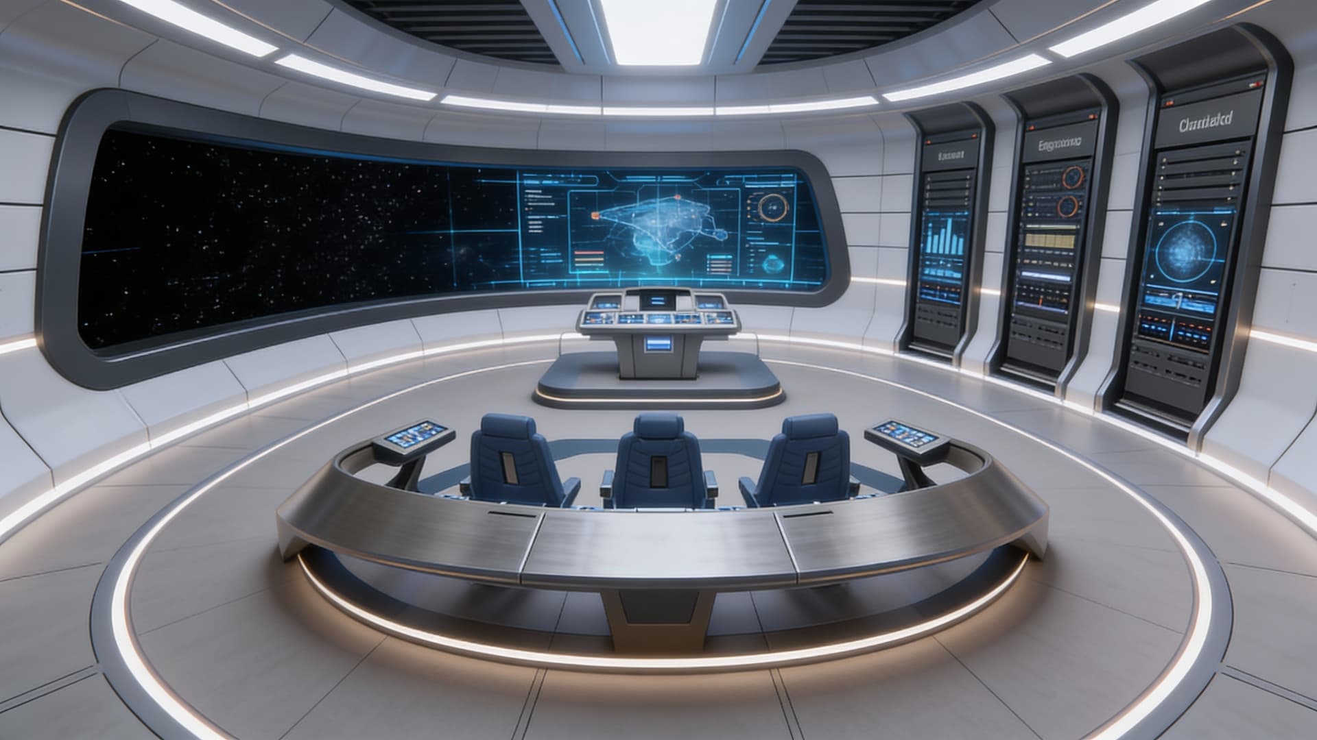 AI generated: Use the Reference Images to imagine, in detail, a Spacecraft 'C-shaped' Bridge design. Show Change i...