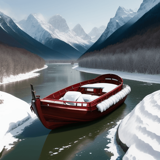AI generated: beautiful snow-covered mountains with floating boats on the river 