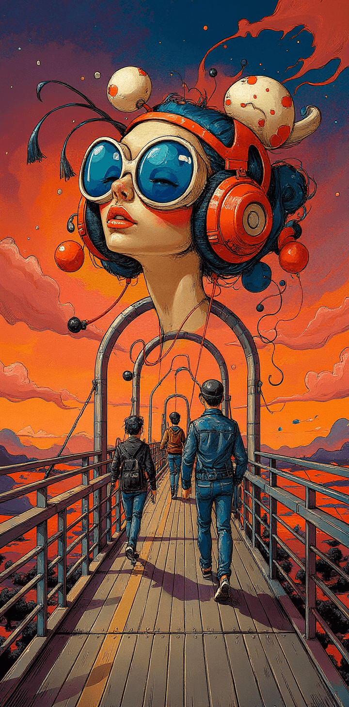 AI generated: People walking on a bridge going to nowhere , with a futuristic-looking face, in the style of fantas...