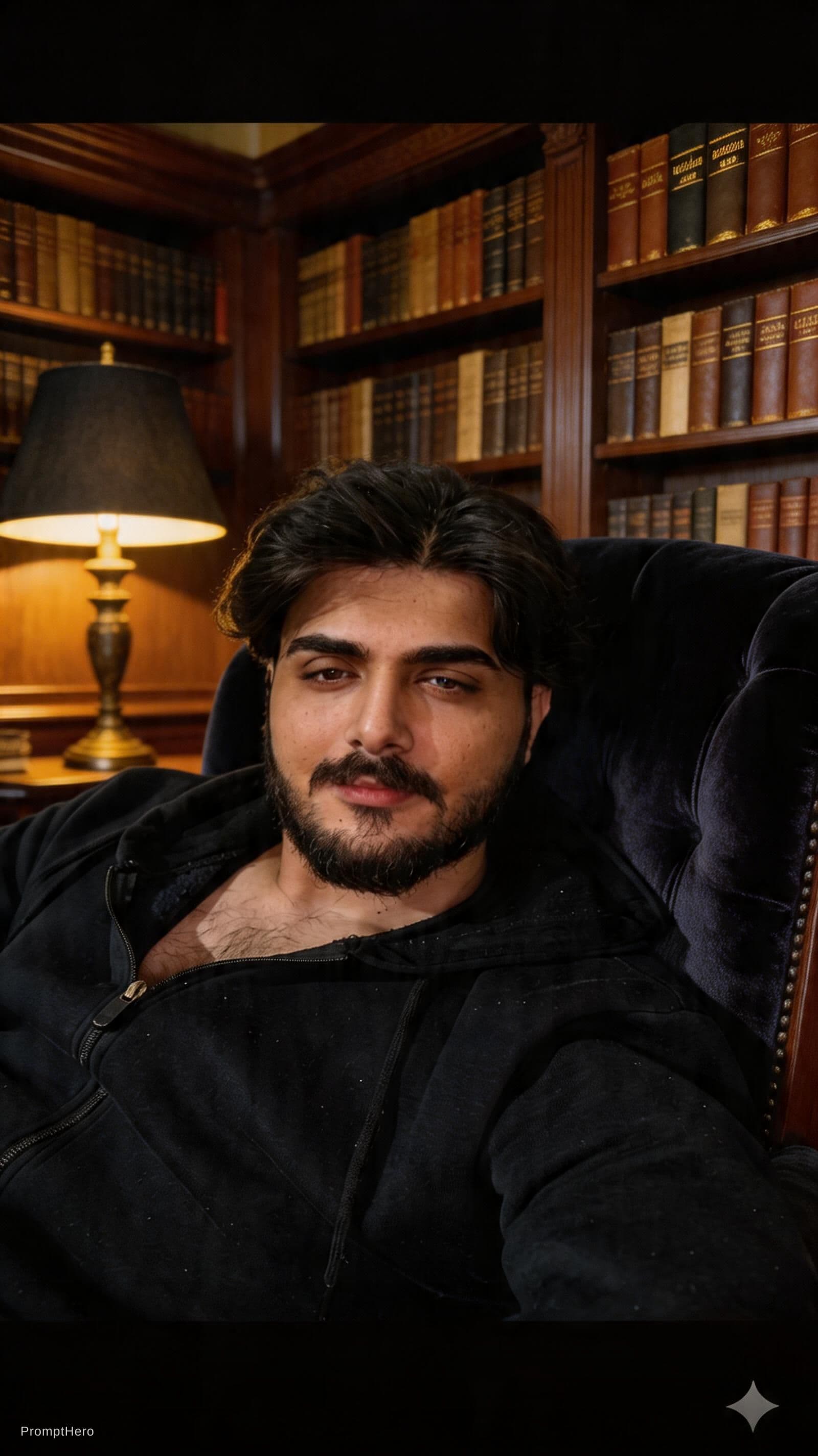 AI generated: A medium-shot of a charismatic man sitting in a grand, dark-wood private library. Behind him are tho...