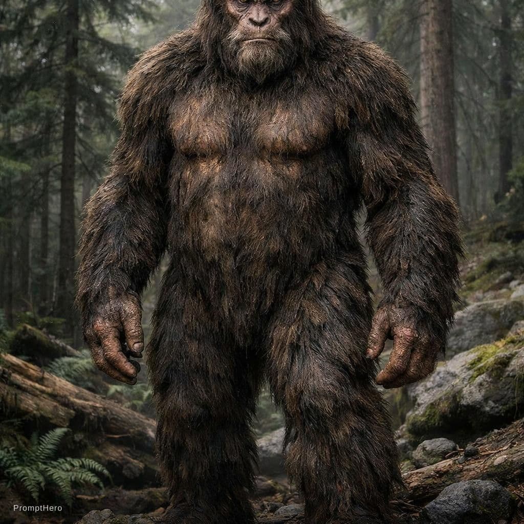 AI generated: best image out there of Bigfoot - full body with detail looking at camera


