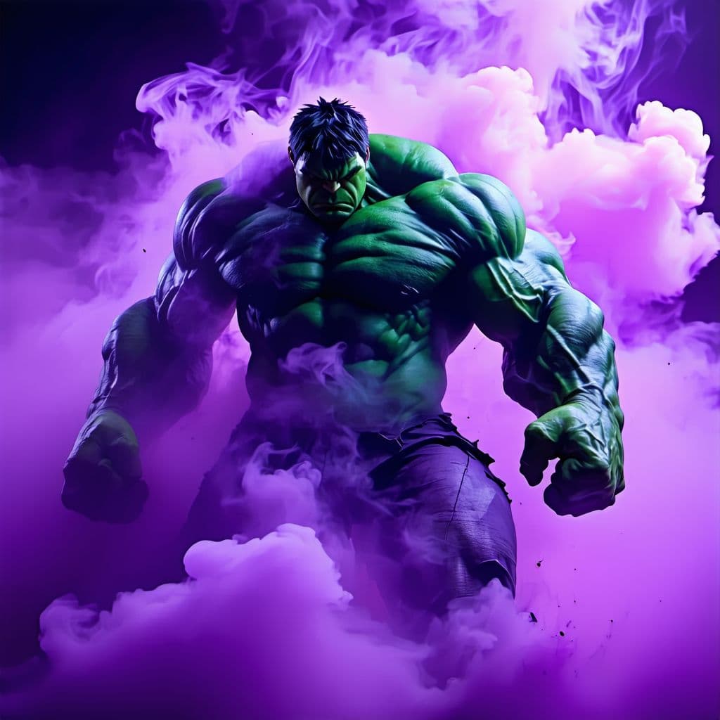 AI generated: purple smoke. hulk, muscular body, giant size, 4k, half robot