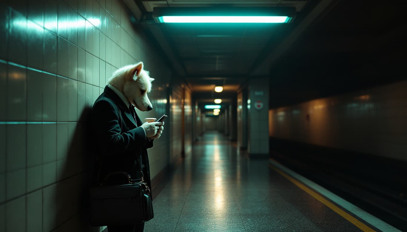 AI generated: an anthropomorphic cream cute dog wearing Suit, briefcase, cellphone, coffee standing alone in a sub...