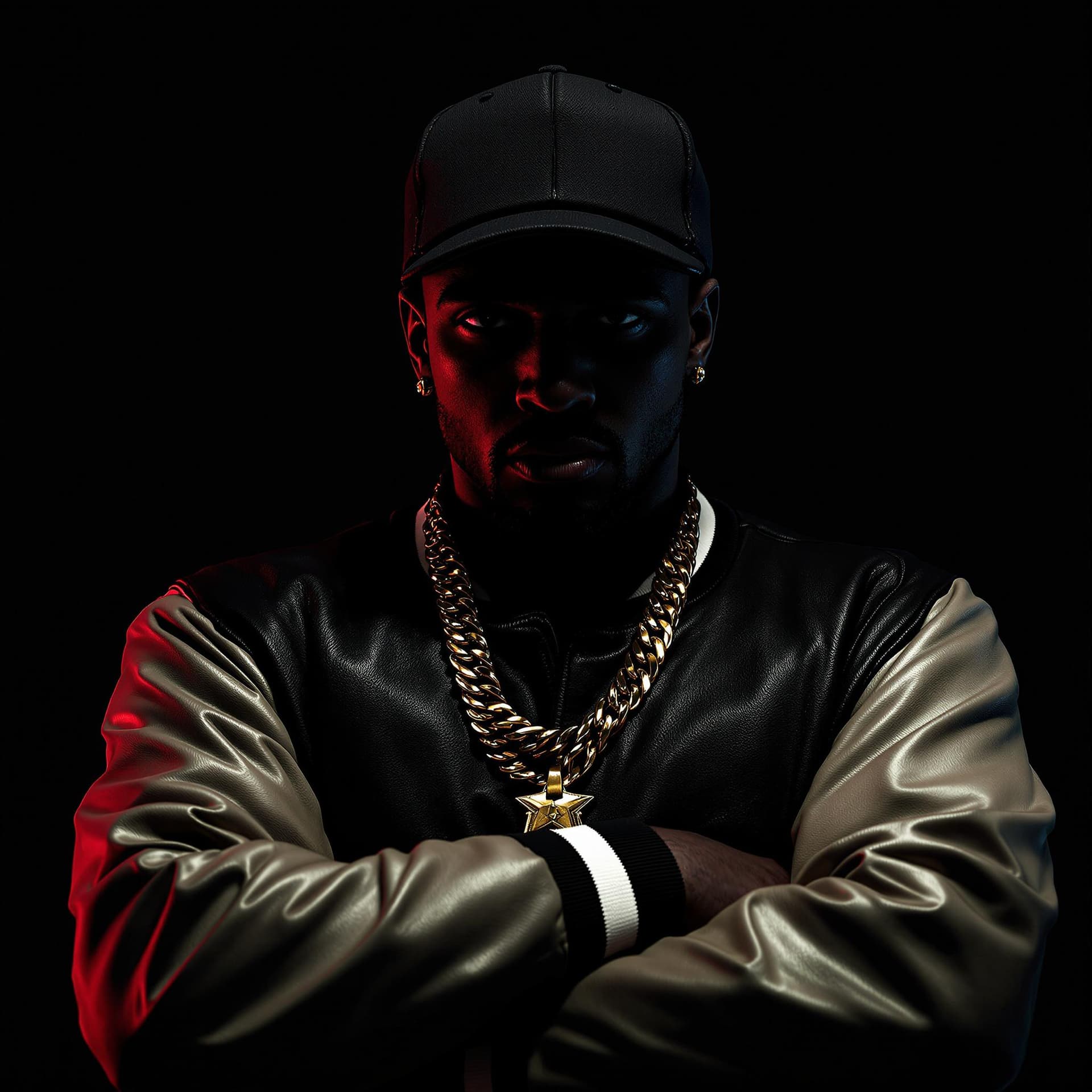 AI generated: old school b-boy rapper face in shadows wearing a kangol cap, leather sleeve varsity jacket, gold ch...