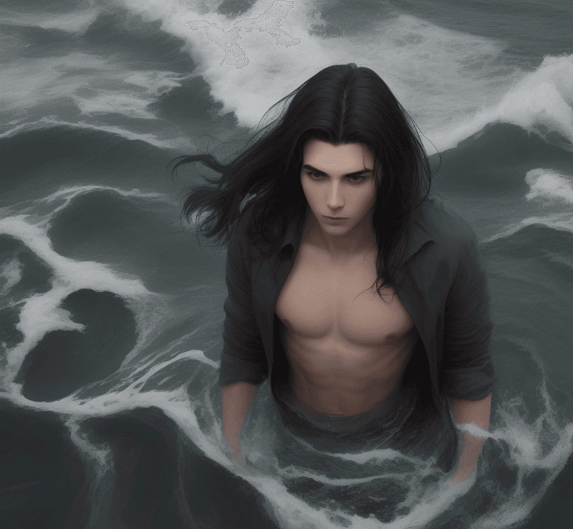 AI generated: A young men with dark hair stands in a sea
