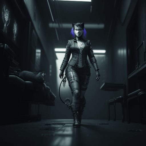 AI generated: A cyberpunk detective woman, face human, cat, in the distance, in full growth, full body, ATMOSPHERI...