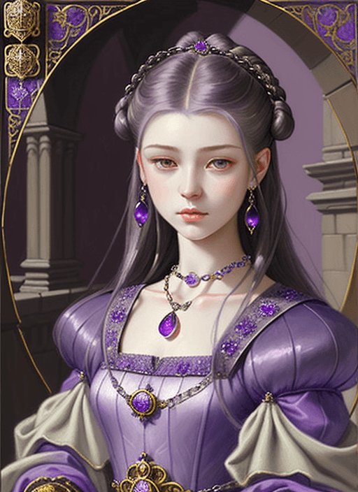AI generated: oil painting, emperor's daughter, 16 years old, medieval ball lilac dress, brunette high hairstyle, ...