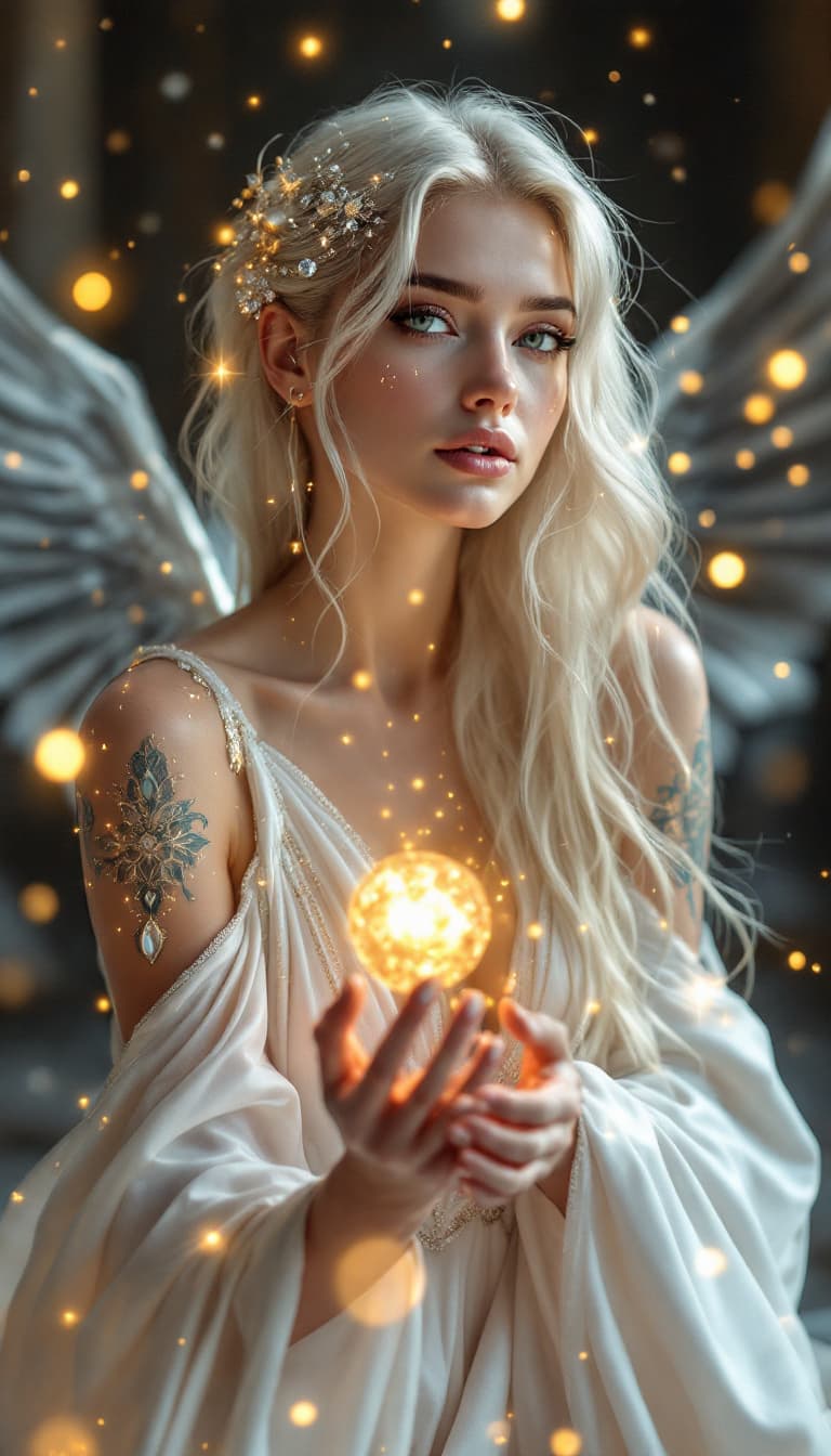 AI generated: An ultra-realistic, full-body portrait of a captivating celestial oracle woman, radiating divine wis...