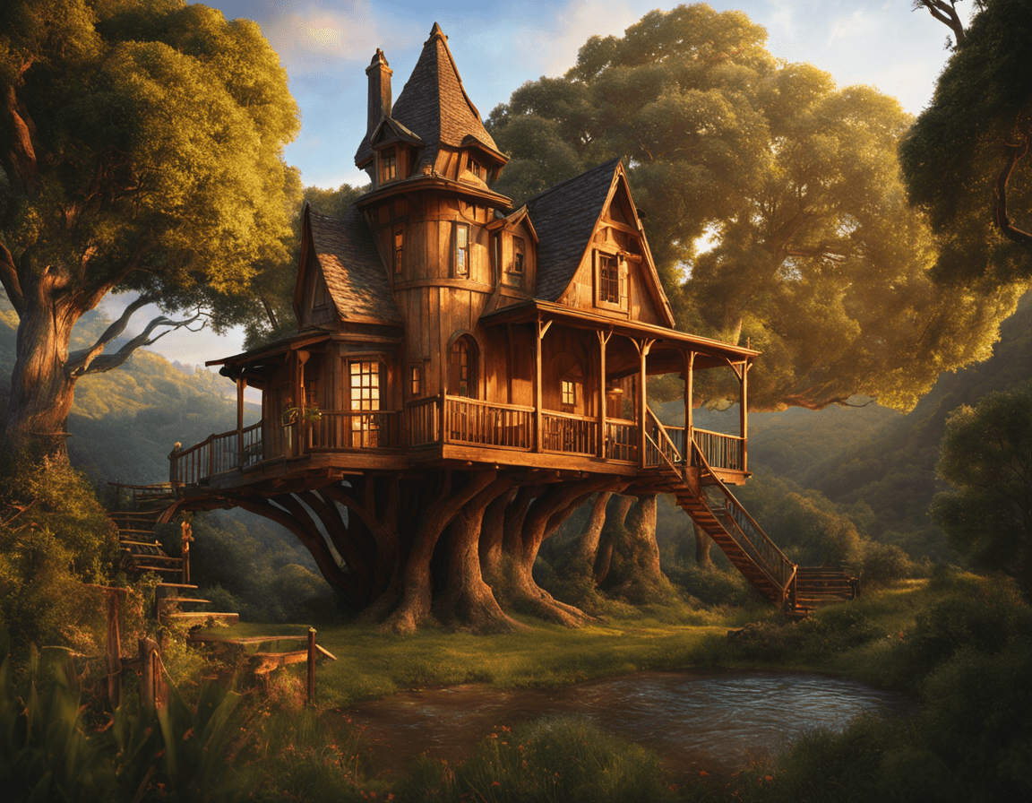 AI generated: valley, fairytale treehouse village covered, , matte painting, highly detailed, dynamic lighting, ci...