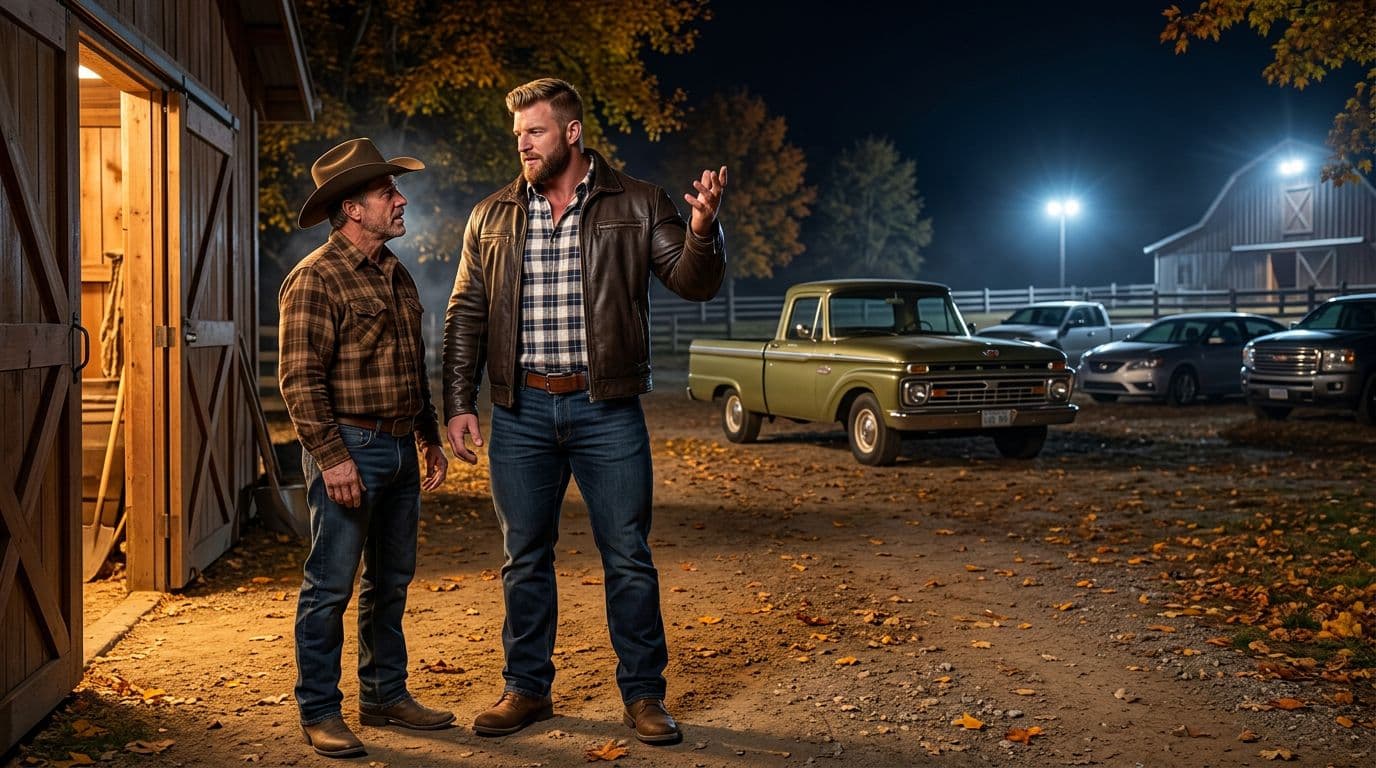 AI generated: In an Autumn night at a ranch. The vintage olive green Ford pick up truck is parked between other mo...