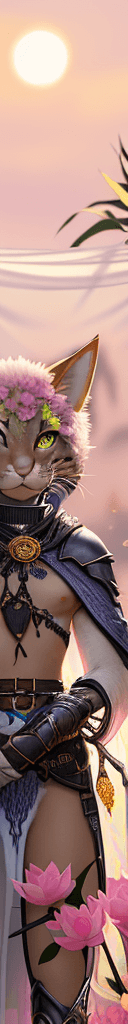 AI generated: As the sun sets behind a backdrop of colorful flowers, a stunning tabaxi flowerpunk boy stands in th...