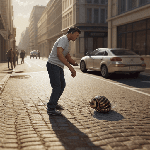 AI generated: Hyper realistic  illustration of a man collecting a snail in the street