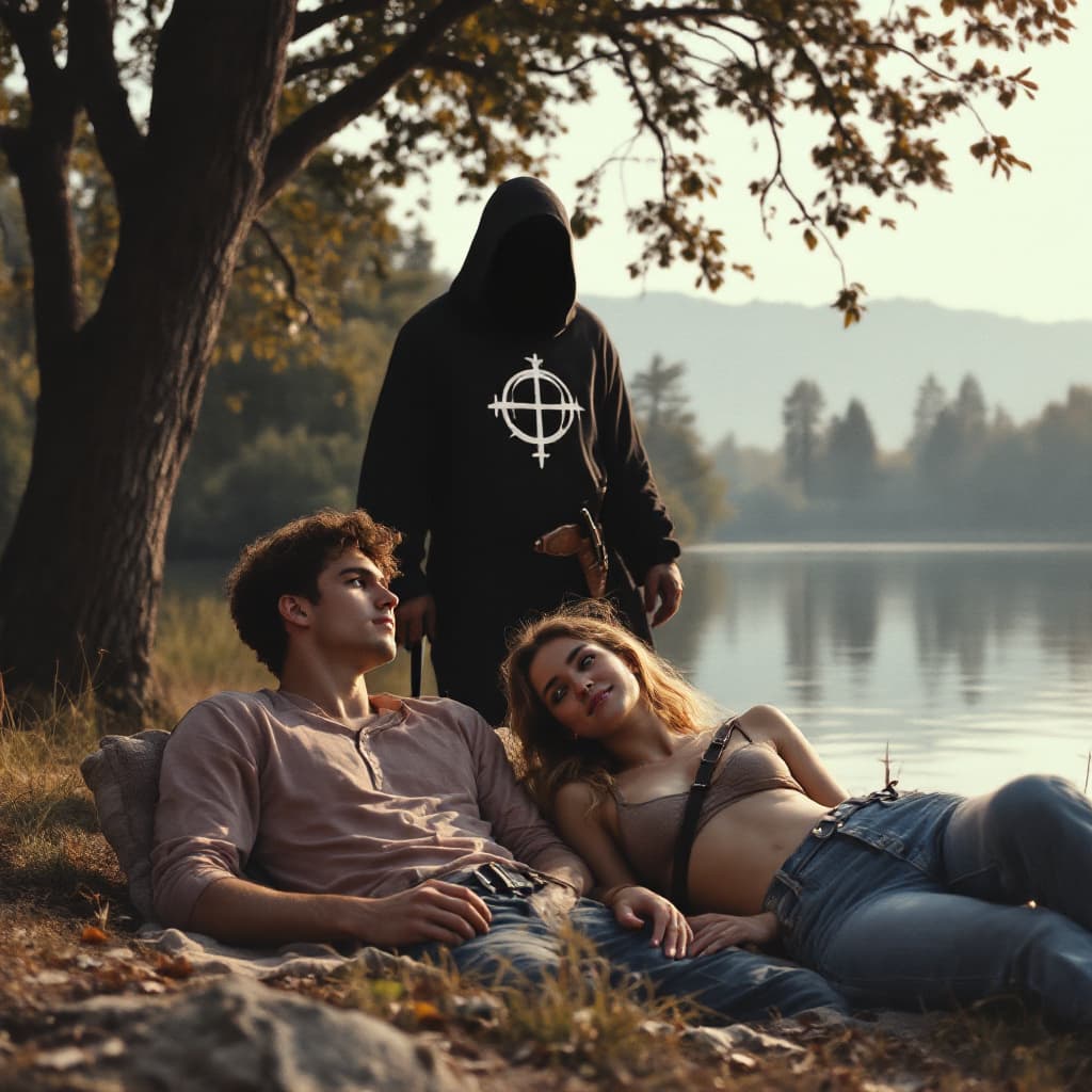 AI generated: Two college students, a boy and a girl are lying on the ground along the shoreline of a peaceful lak...